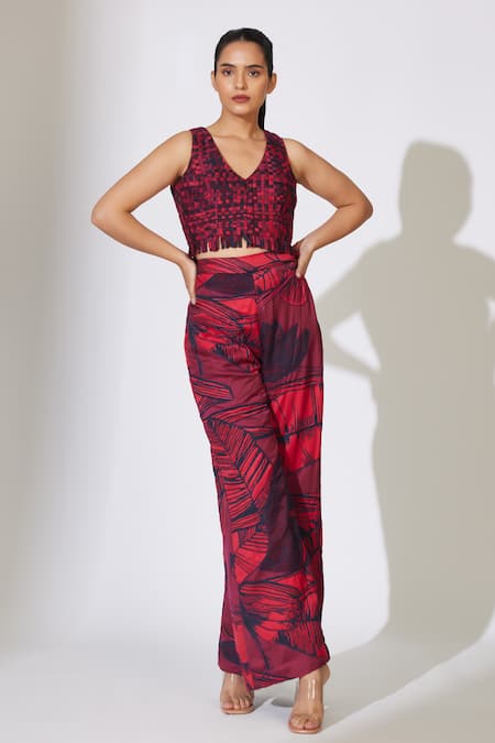 Koai Red Cotton, Silk Embroidery, Beads Floral Pant at Aza Fashions Koai_Red Cotton, Silk Embroidery, Beads Floral Pant _at_Aza_Fashions