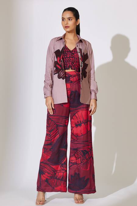 Koai_Peach Poplin, Cotton Cut Work Collared Floral Bead Embroidered Shirt _Online_at_Aza_Fashions