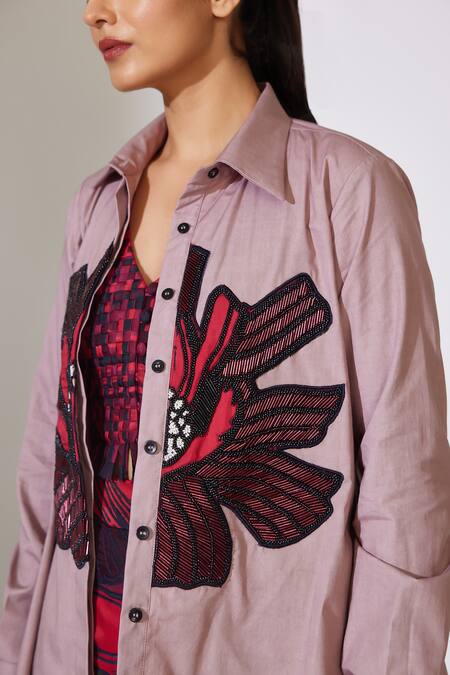 Buy_Koai_Peach Poplin, Cotton Cut Work Collared Floral Bead Embroidered Shirt _Online_at_Aza_Fashions