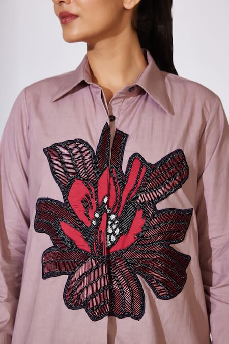 Shop_Koai_Peach Poplin, Cotton Cut Work Collared Floral Bead Embroidered Shirt _Online_at_Aza_Fashions