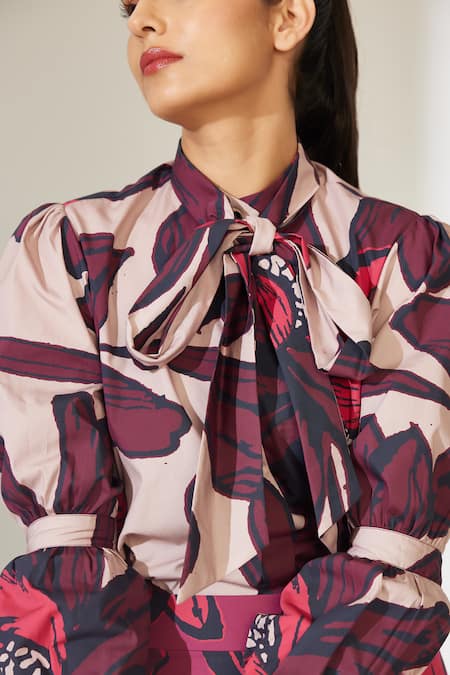 Shop_Koai_Beige Poplin, Cotton Floral Pattern Bow Tie Shirt For Kids_Online_at_Aza_Fashions