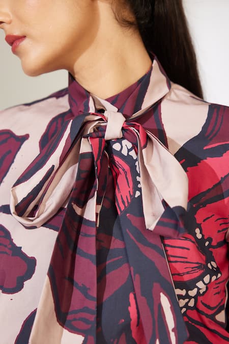 Koai_Beige Poplin, Cotton Floral Pattern Bow Tie Shirt For Kids_at_Aza_Fashions