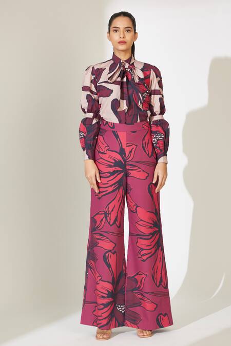 Koai_Red Poplin Cotton Floral Pattern Straight Pant _Online_at_Aza_Fashions