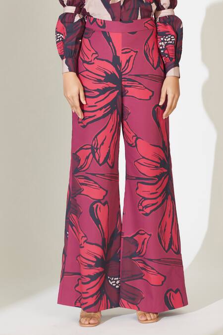 Buy_Koai_Red Poplin Cotton Floral Pattern Straight Pant _Online_at_Aza_Fashions