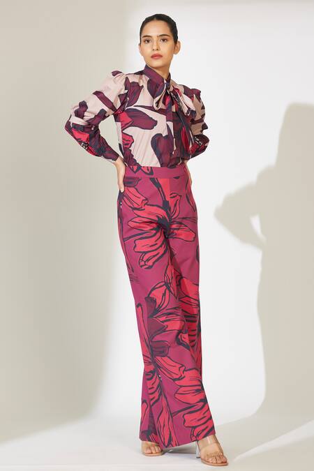 Shop_Koai_Red Poplin Cotton Floral Pattern Straight Pant _Online_at_Aza_Fashions