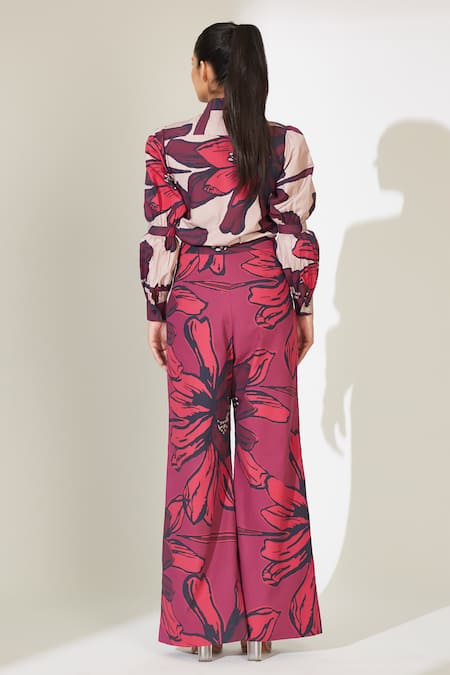 Shop_Koai_Red Poplin Cotton Floral Pattern Straight Pant _at_Aza_Fashions