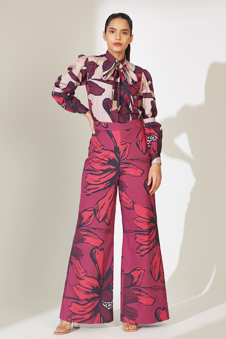 Koai_Red Poplin Cotton Floral Pattern Straight Pant _at_Aza_Fashions