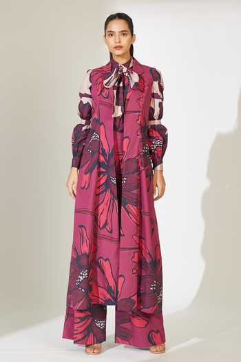 Koai_Red Poplin, Cotton Collared Floral Pattern Longline Jacket _Online_at_Aza_Fashions