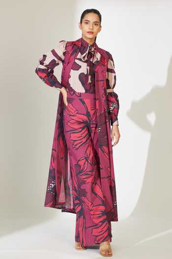 Buy_Koai_Red Poplin, Cotton Collared Floral Pattern Longline Jacket _Online_at_Aza_Fashions