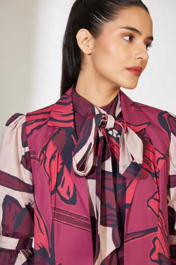 Shop_Koai_Red Poplin, Cotton Collared Floral Pattern Longline Jacket _Online_at_Aza_Fashions