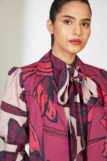 Koai_Red Poplin, Cotton Collared Floral Pattern Longline Jacket _at_Aza_Fashions