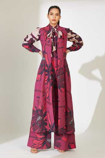 Buy_Koai_Red Poplin, Cotton Collared Floral Pattern Longline Jacket 