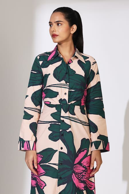Koai_Peach Cotton, Poplin Collared Floral Pattern Button Down Midi Shirt Dress _Online_at_Aza_Fashions