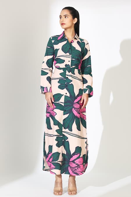 Buy_Koai_Peach Cotton, Poplin Collared Floral Pattern Button Down Midi Shirt Dress _Online_at_Aza_Fashions