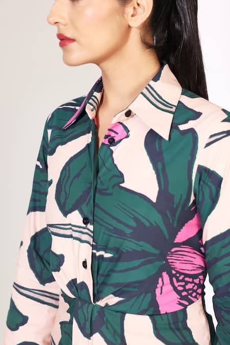 Shop_Koai_Peach Cotton, Poplin Collared Floral Pattern Button Down Midi Shirt Dress _Online_at_Aza_Fashions