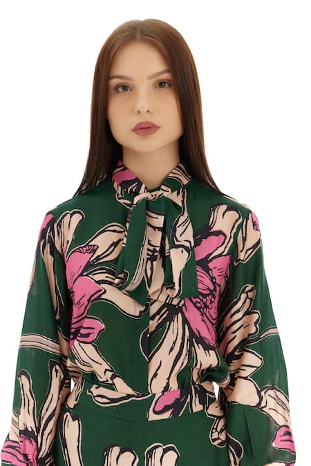 Koai_Green Cotton, Silk Collared Floral Print Shirt _at_Aza_Fashions
