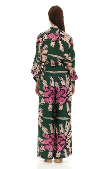 Shop_Koai_Green Heavy Cotton Silk Printed Floral Flared Pant _at_Aza_Fashions