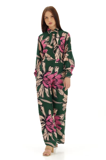Koai_Green Heavy Cotton Silk Printed Floral Flared Pant _Online_at_Aza_Fashions