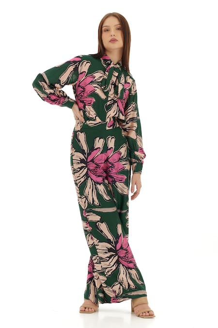 Buy_Koai_Green Heavy Cotton Silk Printed Floral Flared Pant _Online_at_Aza_Fashions