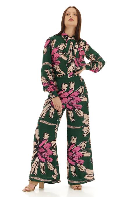 Shop_Koai_Green Heavy Cotton Silk Printed Floral Flared Pant _Online_at_Aza_Fashions