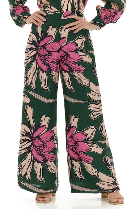 Koai_Green Heavy Cotton Silk Printed Floral Flared Pant _at_Aza_Fashions