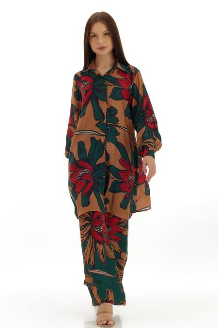 Koai_Beige Cotton, Silk Embroidery Collared Garden Print Long Shirt _Online_at_Aza_Fashions