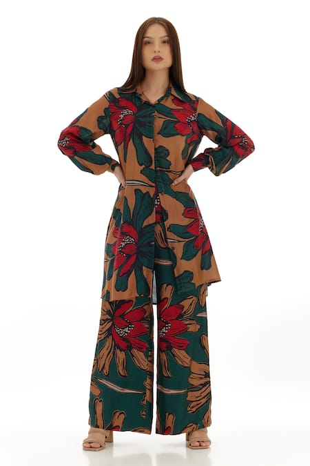 Buy_Koai_Beige Cotton, Silk Embroidery Collared Garden Print Long Shirt _Online_at_Aza_Fashions