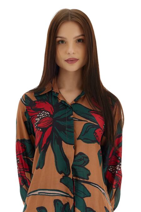 Shop_Koai_Beige Cotton, Silk Embroidery Collared Garden Print Long Shirt _Online_at_Aza_Fashions