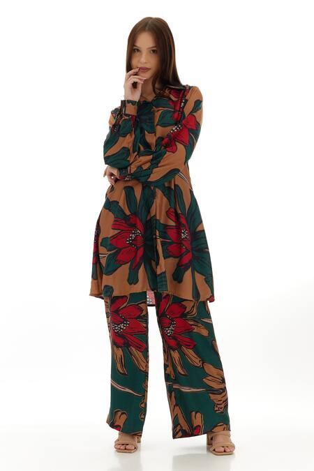 Koai_Beige Cotton, Silk Embroidery Collared Garden Print Long Shirt _at_Aza_Fashions