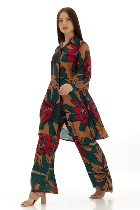 Koai_Beige Cotton, Silk Garden Print Flared Pant For Kids_Online_at_Aza_Fashions