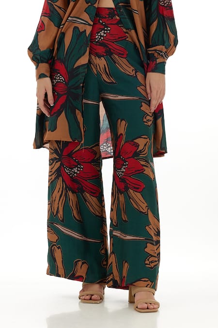 Koai_Beige Cotton, Silk Garden Print Flared Pant For Kids_at_Aza_Fashions