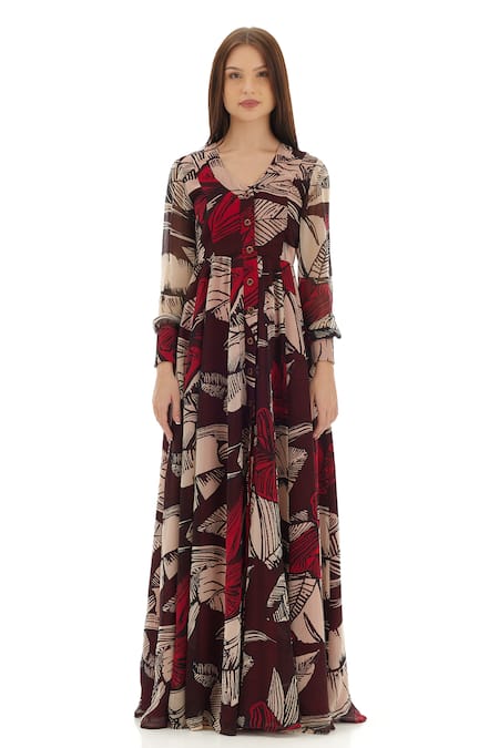 Buy_Koai_Brown Chiffon V-neck Floral Print Maxi Shirt Dress _Online_at_Aza_Fashions