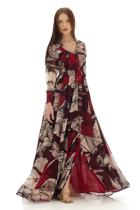 Shop_Koai_Brown Chiffon V-neck Floral Print Maxi Shirt Dress _Online_at_Aza_Fashions