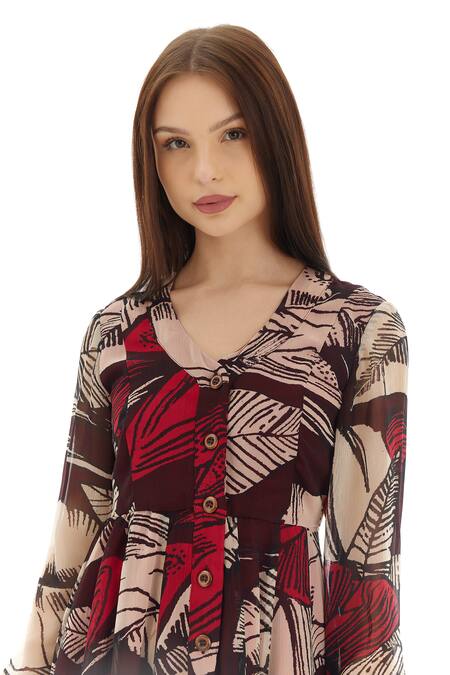 Koai_Brown Chiffon V-neck Floral Print Maxi Shirt Dress _at_Aza_Fashions