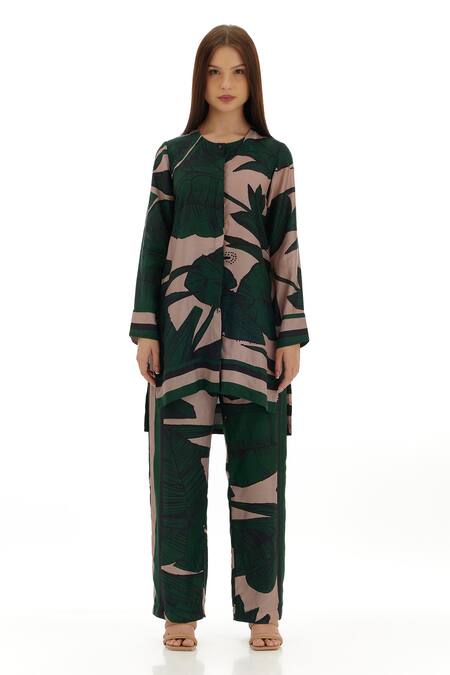 Koai_Green Cotton, Silk Round Neck Flower Print Shirt Kurta _Online_at_Aza_Fashions