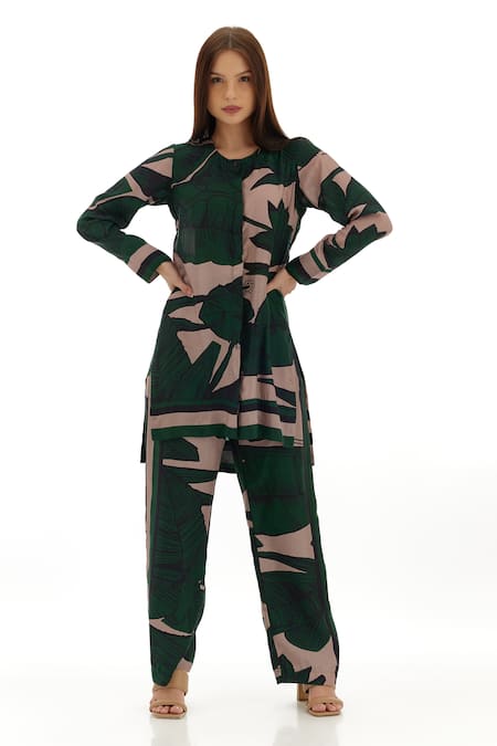 Buy_Koai_Green Cotton, Silk Round Neck Flower Print Shirt Kurta _Online_at_Aza_Fashions