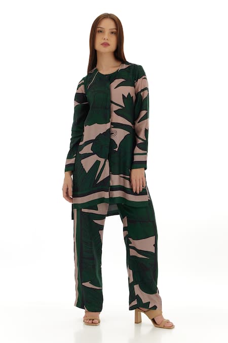 KoAi Green Heavy Cotton Silk Printed Flower Flared Pant 