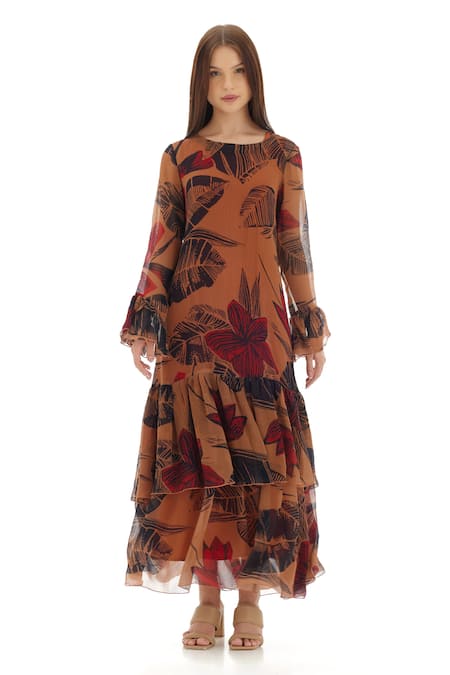 Koai_Orange Chiffon Round Neck Leaf Print Dress _Online_at_Aza_Fashions
