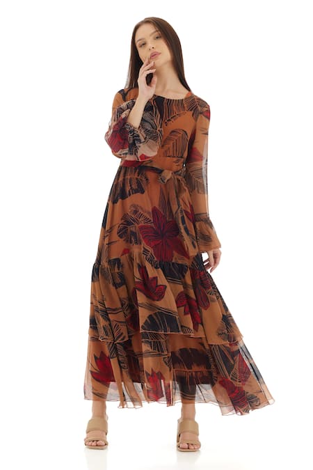 Buy_Koai_Orange Chiffon Round Neck Leaf Print Dress _Online_at_Aza_Fashions