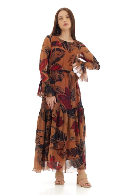 Shop_Koai_Orange Chiffon Round Neck Leaf Print Dress _Online_at_Aza_Fashions