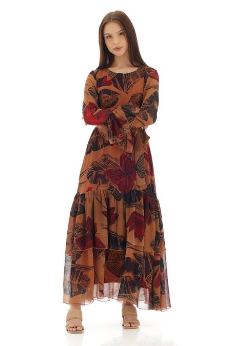 Koai_Orange Chiffon Round Neck Leaf Print Dress _at_Aza_Fashions