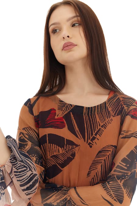 Buy_Koai_Orange Chiffon Round Neck Leaf Print Dress 