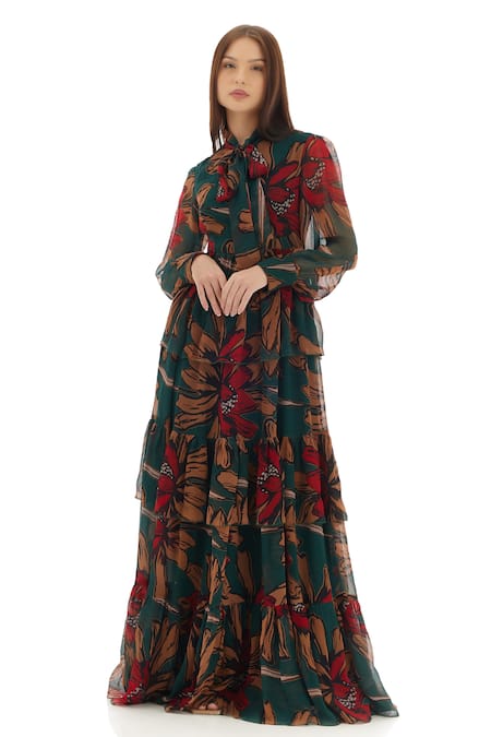 Koai_Green Chiffon Collared Garden Print Maxi Dress _Online_at_Aza_Fashions