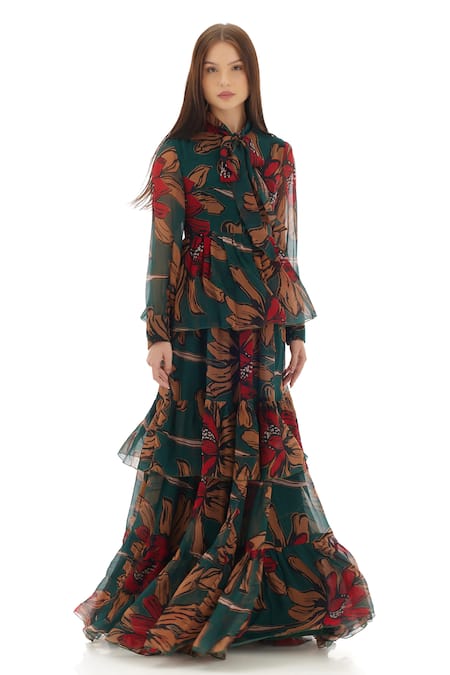 Buy_Koai_Green Chiffon Collared Garden Print Maxi Dress _Online_at_Aza_Fashions