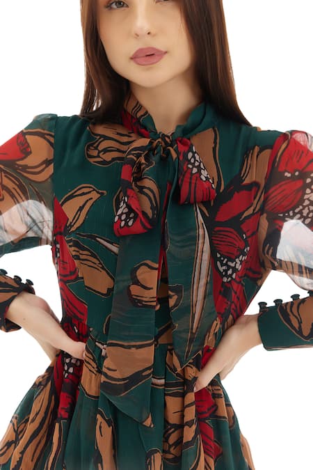 Koai_Green Chiffon Collared Garden Print Maxi Dress _at_Aza_Fashions