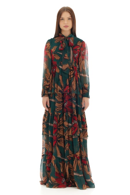 Buy_Koai_Green Chiffon Collared Garden Print Maxi Dress 