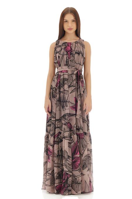 Koai_Grey Chiffon Round Neck Botanical Print Maxi Dress _Online_at_Aza_Fashions