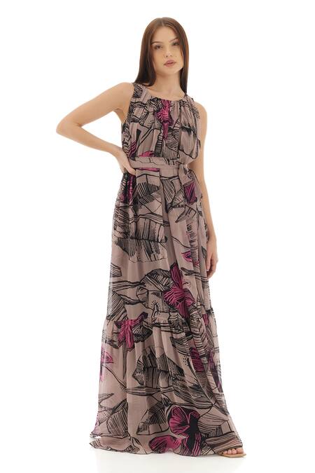 Buy_Koai_Grey Chiffon Round Neck Botanical Print Maxi Dress _Online_at_Aza_Fashions
