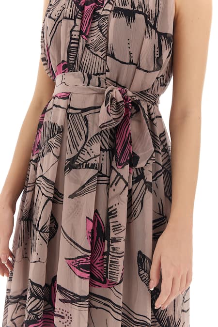 Shop_Koai_Grey Chiffon Round Neck Botanical Print Maxi Dress _Online_at_Aza_Fashions