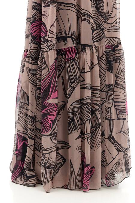 Koai_Grey Chiffon Round Neck Botanical Print Maxi Dress _at_Aza_Fashions